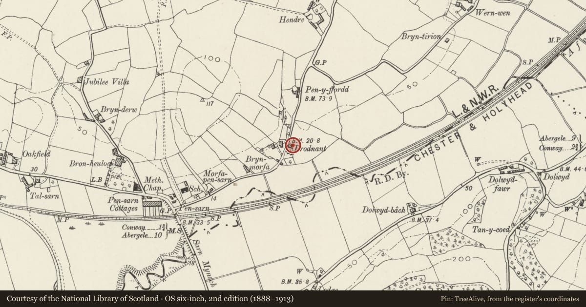 Ordnance Survey six-inch map, 2nd edition (1888–1913) covering the location of Brodnant Farmhouse, Conwy, with a pin at the register's coordinates