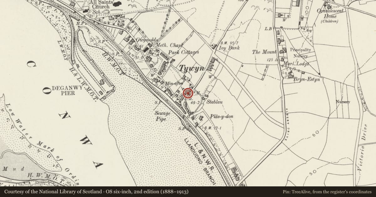 Ordnance Survey six-inch map, 2nd edition (1888–1913) covering the location of Gorphwysfa, Conwy, with a pin at the register's coordinates