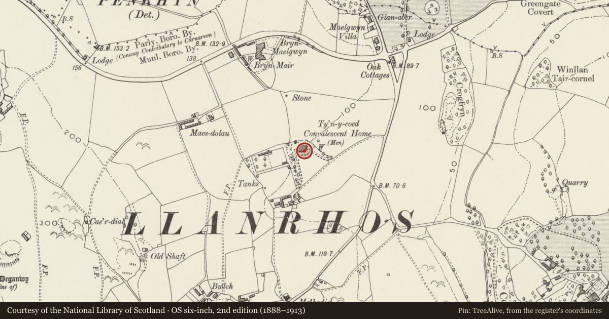 Ordnance Survey six-inch map, 2nd edition (1888–1913) covering the location of Tyn-y-Coed, Conwy, with a pin at the register's coordinates