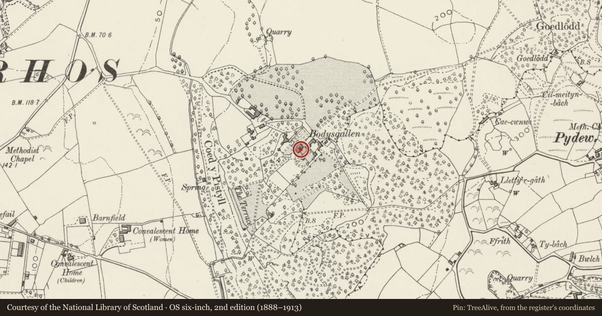 Ordnance Survey six-inch map, 2nd edition (1888–1913) covering the location of Bodysgallen Hall, Conwy, with a pin at the register's coordinates