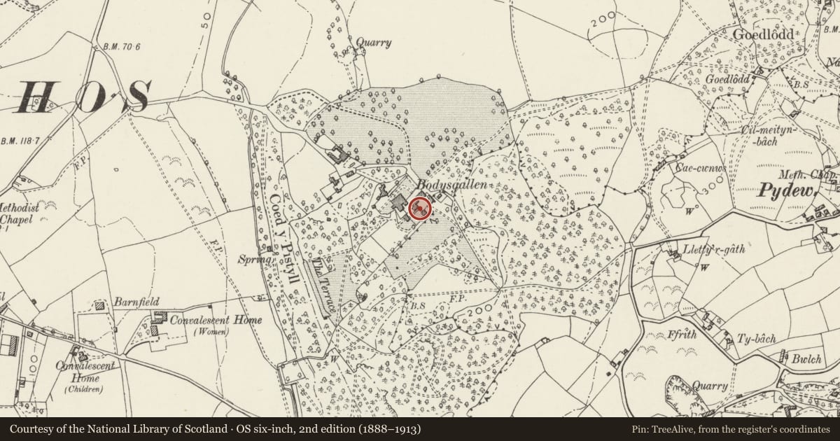 Ordnance Survey six-inch map, 2nd edition (1888–1913) covering the location of Former dovecote (Dove Cottage) at Bodysgallen Hall, Conwy, with a pin at the register's coordinates