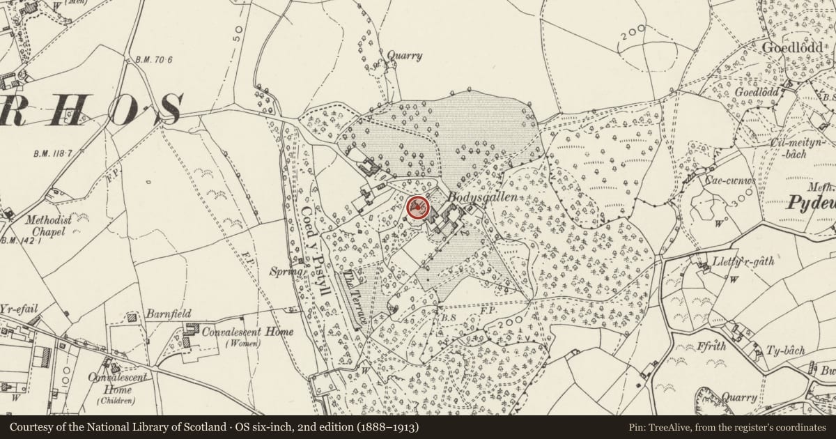 Ordnance Survey six-inch map, 2nd edition (1888–1913) covering the location of The Wynn Rooms at Bodysgallen Hall, Conwy, with a pin at the register's coordinates
