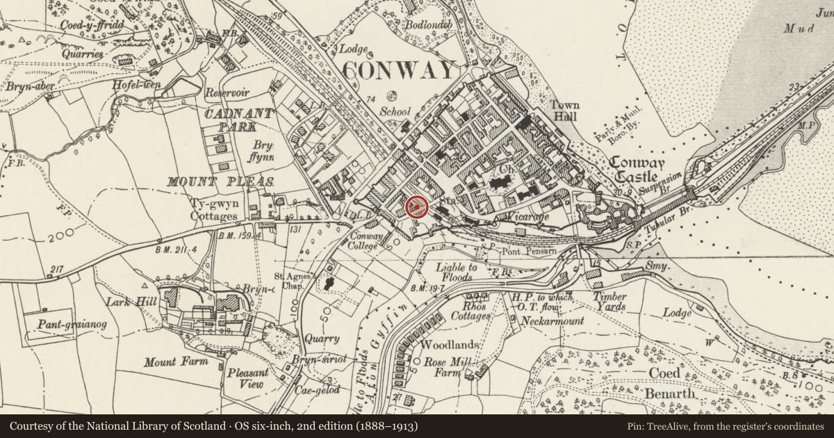 Ordnance Survey six-inch map, 2nd edition (1888–1913) covering the location of 1 Rosemary Lane, Conwy, with a pin at the register's coordinates