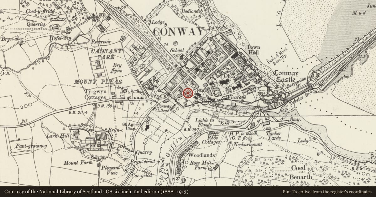 Ordnance Survey six-inch map, 2nd edition (1888–1913) covering the location of Rosemary Cottage, Conwy, with a pin at the register's coordinates