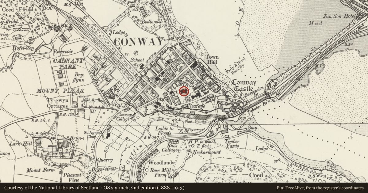 Ordnance Survey six-inch map, 2nd edition (1888–1913) covering the location of Church of St Mary, Conwy, with a pin at the register's coordinates