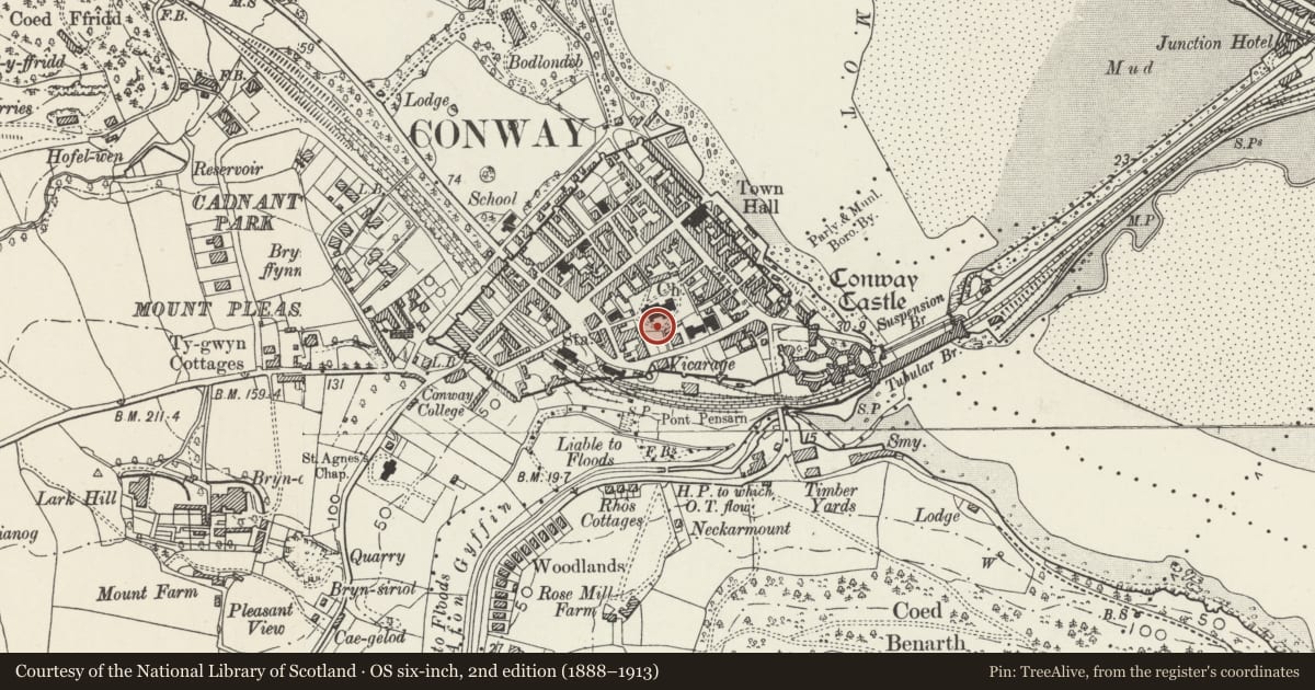 Ordnance Survey six-inch map, 2nd edition (1888–1913) covering the location of Sundial in St Mary's churchyard, Conwy, with a pin at the register's coordinates