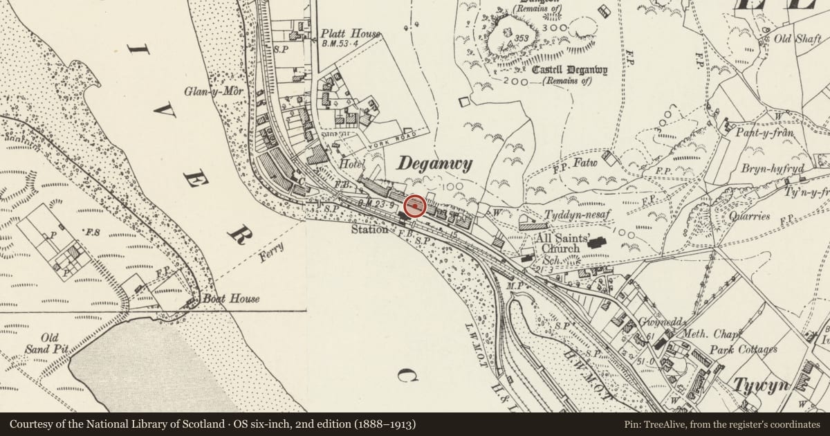 Ordnance Survey six-inch map, 2nd edition (1888–1913) covering the location of Venezia, Conwy, with a pin at the register's coordinates