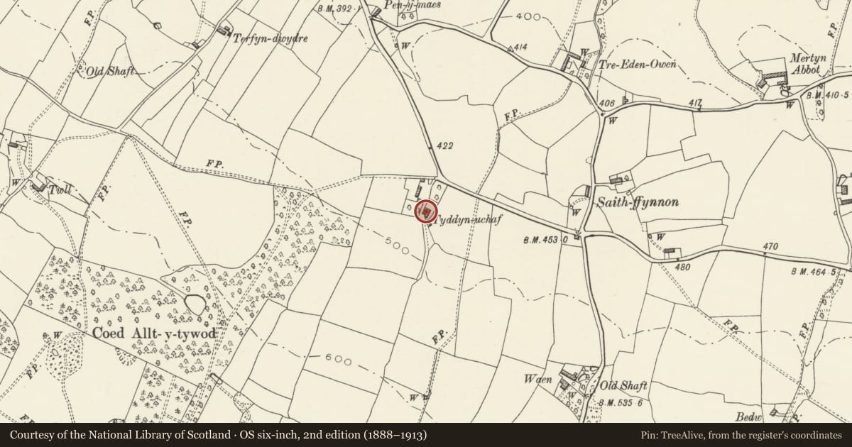 Ordnance Survey six-inch map, 2nd edition (1888–1913) covering the location of Tyddyn Uchaf Farmhouse, Whitford, Flintshire, with a pin at the register's coordinates