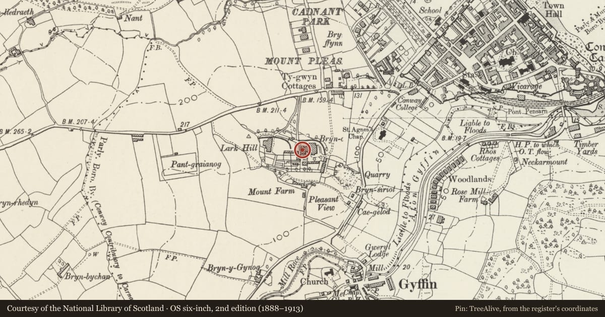 Ordnance Survey six-inch map, 2nd edition (1888–1913) covering the location of Bryn Corach, Conwy, with a pin at the register's coordinates