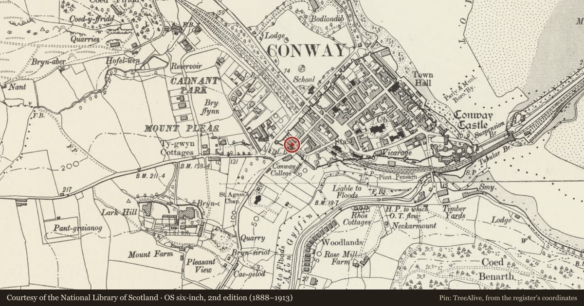 Ordnance Survey six-inch map, 2nd edition (1888–1913) covering the location of Plas Porth Uchaf, Conwy, with a pin at the register's coordinates