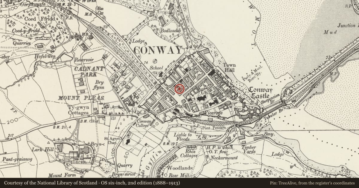 Ordnance Survey six-inch map, 2nd edition (1888–1913) covering the location of The Old Cockpit, Conwy, with a pin at the register's coordinates