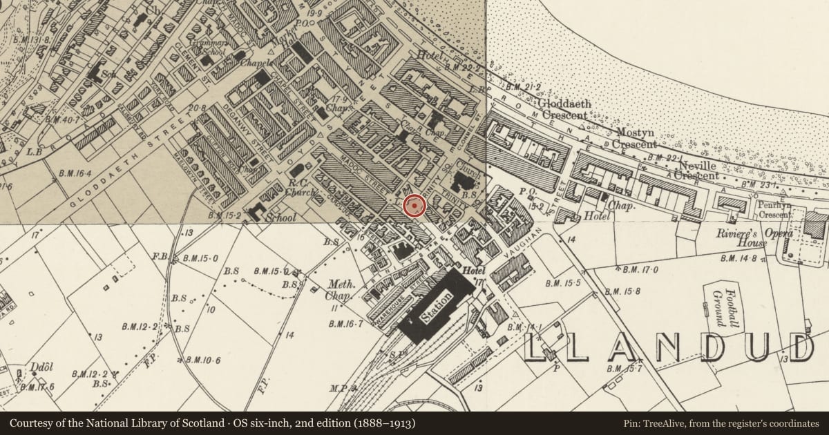 Ordnance Survey six-inch map, 2nd edition (1888–1913) covering the location of Drinking Trough, Llandudno, Conwy, with a pin at the register's coordinates