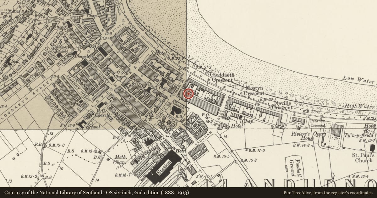Ordnance Survey six-inch map, 2nd edition (1888–1913) covering the location of 3 Bodafon Street, Llandudno, Conwy, with a pin at the register's coordinates