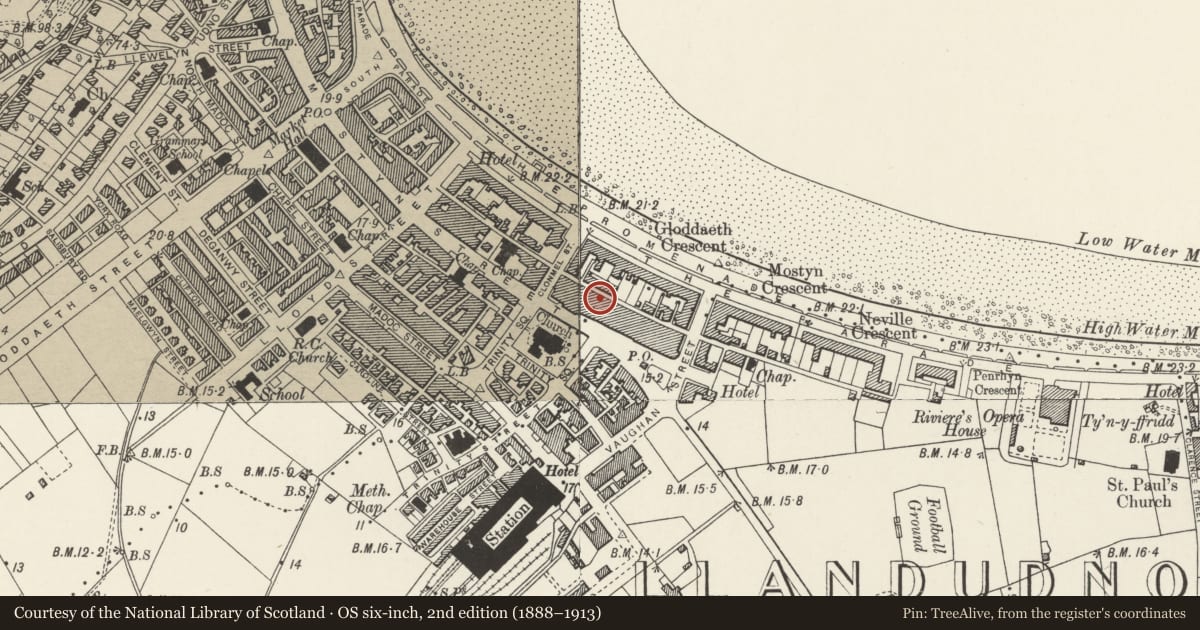 Ordnance Survey six-inch map, 2nd edition (1888–1913) covering the location of 4 Bodafon Street, Llandudno, Conwy, with a pin at the register's coordinates