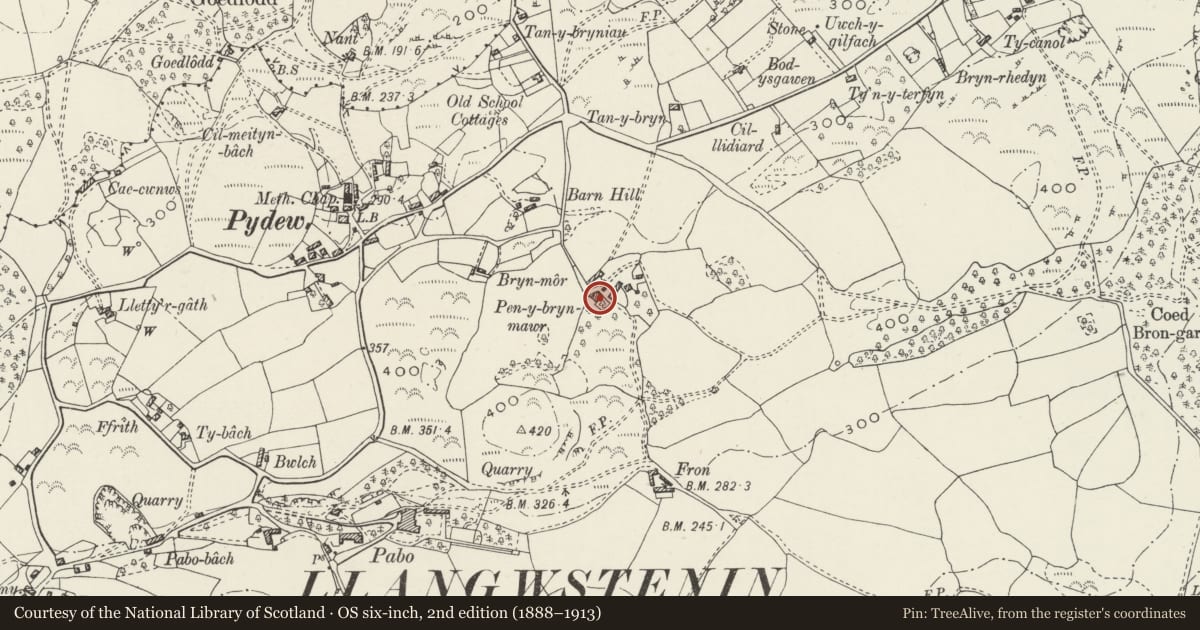 Ordnance Survey six-inch map, 2nd edition (1888–1913) covering the location of Pen-y-Bryn Cottage, Llandudno, Conwy, with a pin at the register's coordinates