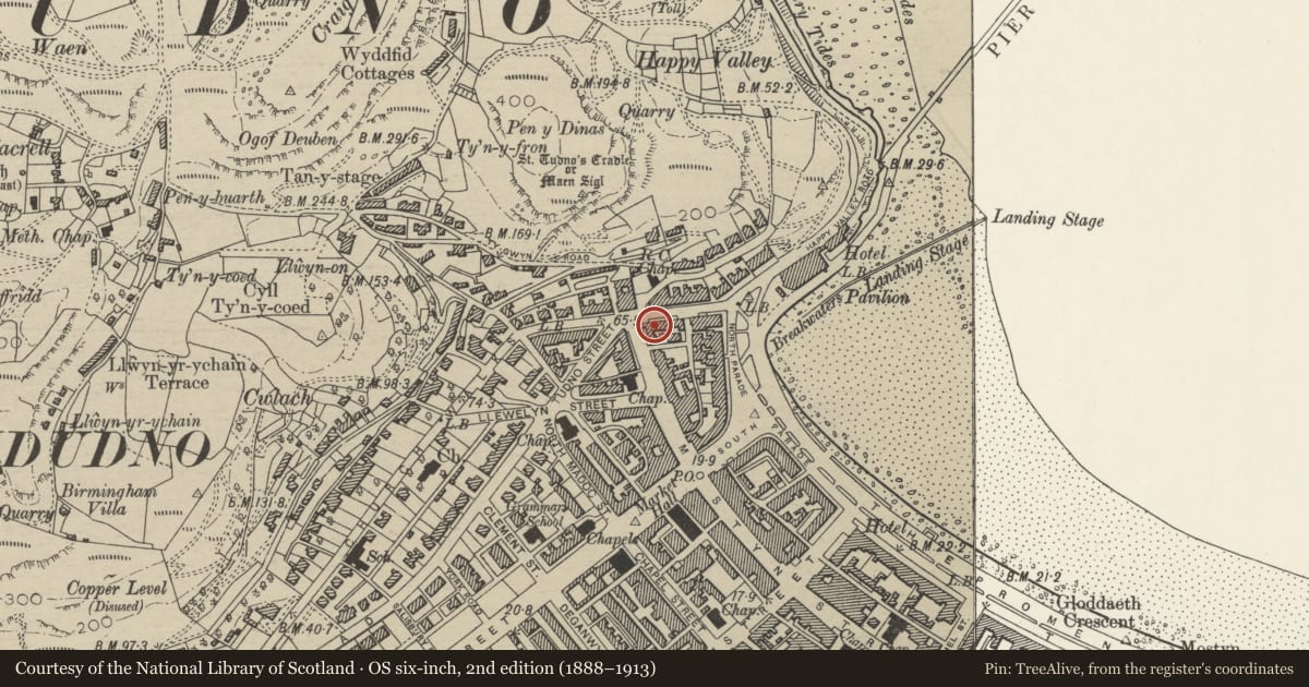 Ordnance Survey six-inch map, 2nd edition (1888–1913) covering the location of 9 Church Walks, Llandudno, Conwy, with a pin at the register's coordinates