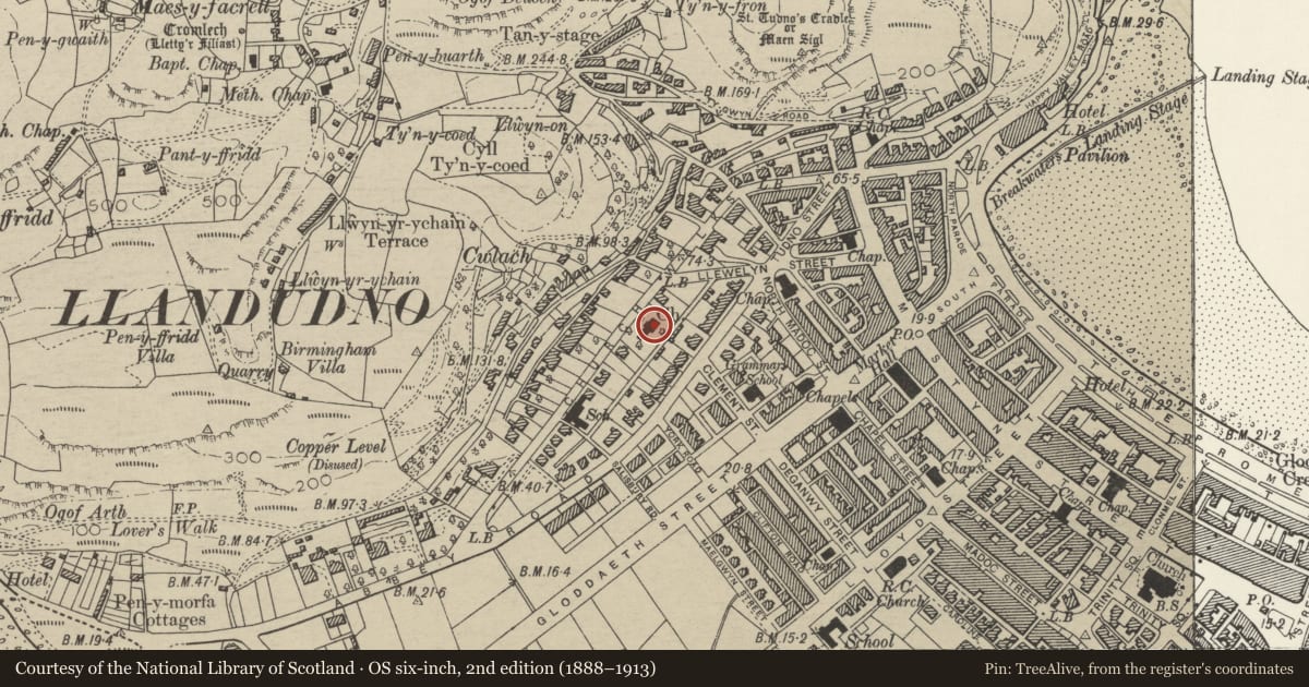 Ordnance Survey six-inch map, 2nd edition (1888–1913) covering the location of Church of St George, Llandudno, Conwy, with a pin at the register's coordinates