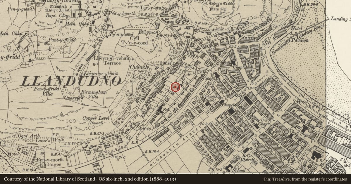 Ordnance Survey six-inch map, 2nd edition (1888–1913) covering the location of Memorial to John Thomas in Churchyard of Church of St George, Llandudno, Conwy, with a pin at the register's coordinates