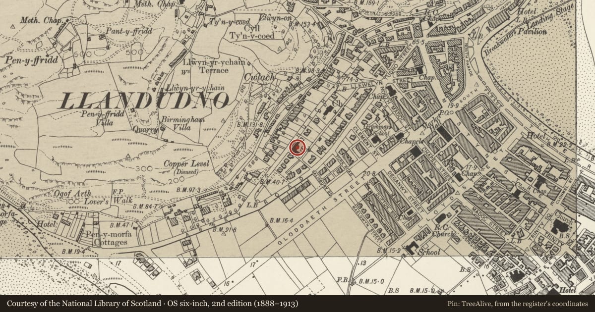 Ordnance Survey six-inch map, 2nd edition (1888–1913) covering the location of Former St George's School, Llandudno, Conwy, with a pin at the register's coordinates
