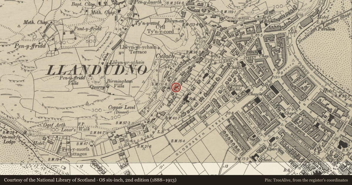 Ordnance Survey six-inch map, 2nd edition (1888–1913) covering the location of 43 Church Walks, Llandudno, Conwy, with a pin at the register's coordinates