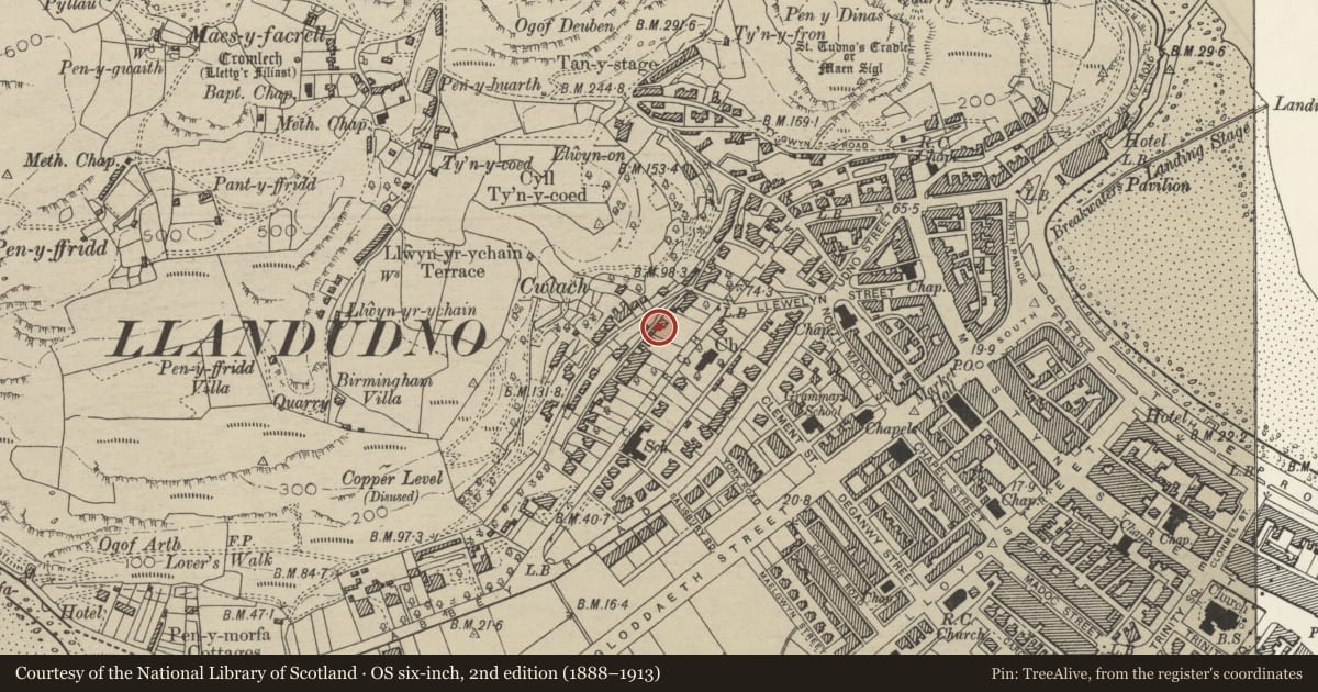 Ordnance Survey six-inch map, 2nd edition (1888–1913) covering the location of 50 Church Walks, Llandudno, Conwy, with a pin at the register's coordinates