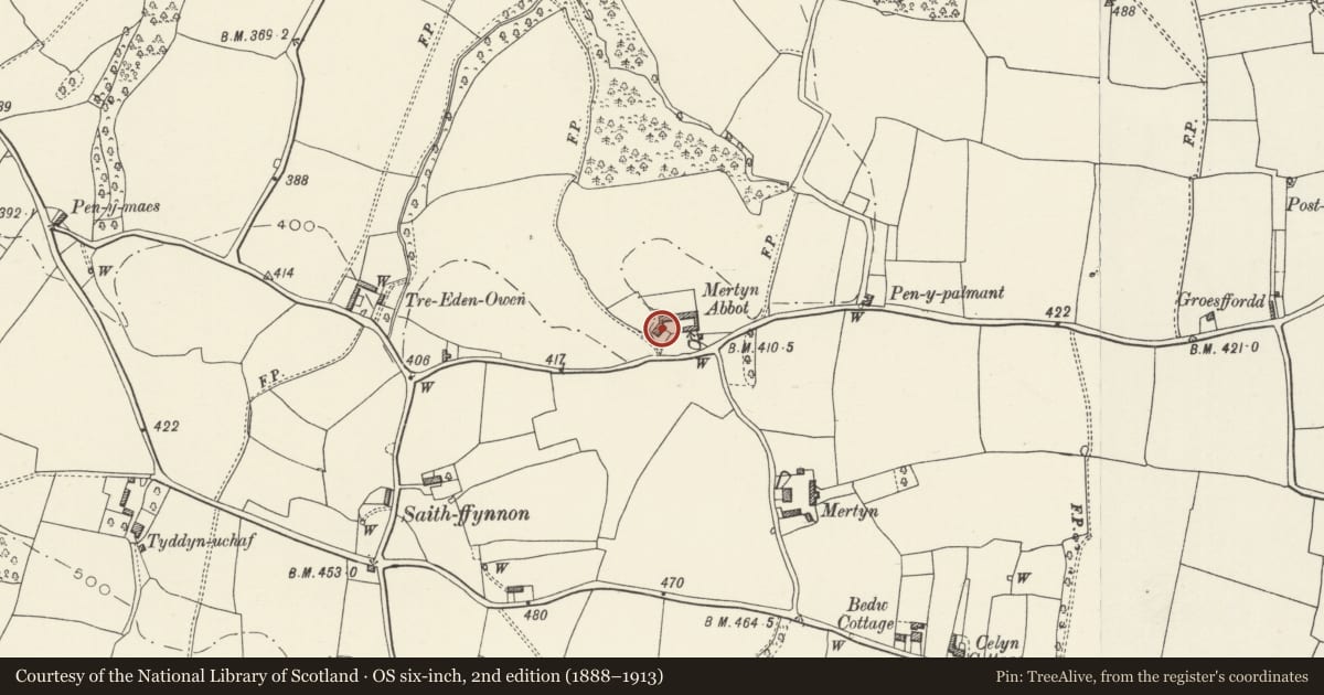 Ordnance Survey six-inch map, 2nd edition (1888–1913) covering the location of Mertyn Abbot Farmhouse, Whitford, Flintshire, with a pin at the register's coordinates
