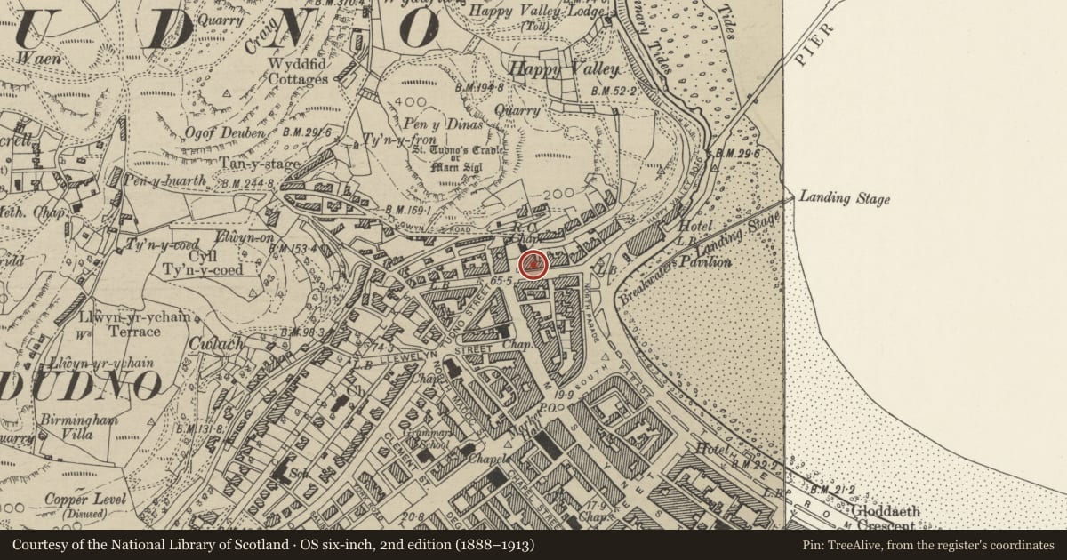 Ordnance Survey six-inch map, 2nd edition (1888–1913) covering the location of 76 Church Walks, Llandudno, Conwy, with a pin at the register's coordinates