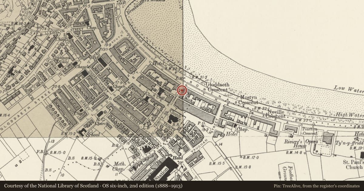 Ordnance Survey six-inch map, 2nd edition (1888–1913) covering the location of Lamp Standard, Llandudno, Conwy, with a pin at the register's coordinates