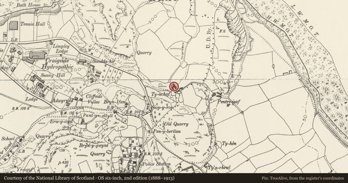 Ordnance Survey six-inch map, 2nd edition (1888–1913) covering the location of Outbuilding, comprising Cartshed and Loft and Cowshed at Ty Uchaf, Llandudno, Conwy, with a pin at the register's coordinates