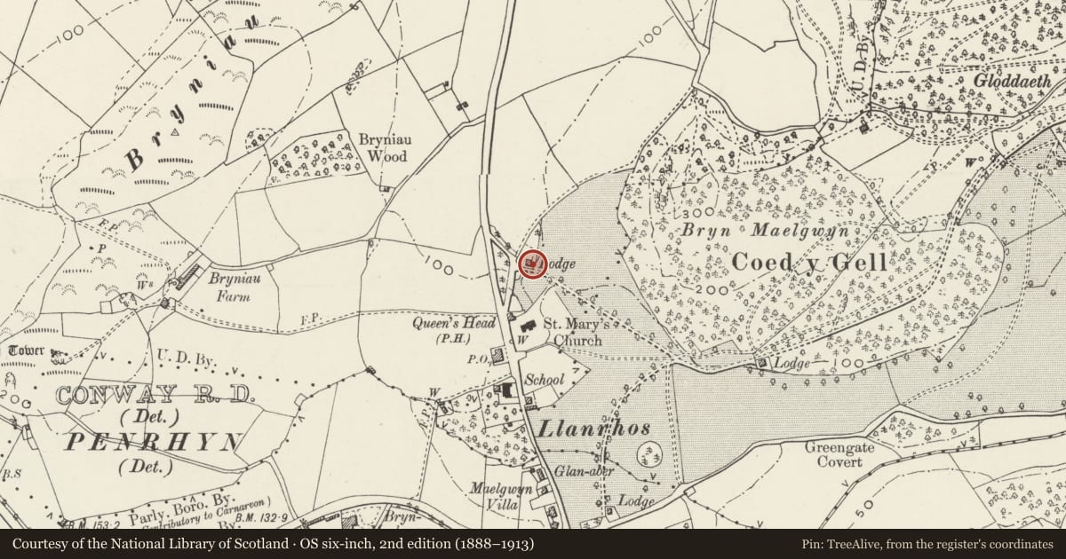 Ordnance Survey six-inch map, 2nd edition (1888–1913) covering the location of Llandudno Lodge, Conwy, with a pin at the register's coordinates