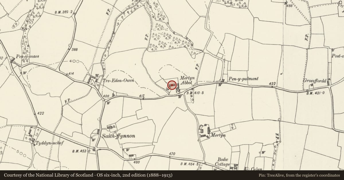 Ordnance Survey six-inch map, 2nd edition (1888–1913) covering the location of Farm Building at Mertyn Abbot, Whitford, Flintshire, with a pin at the register's coordinates