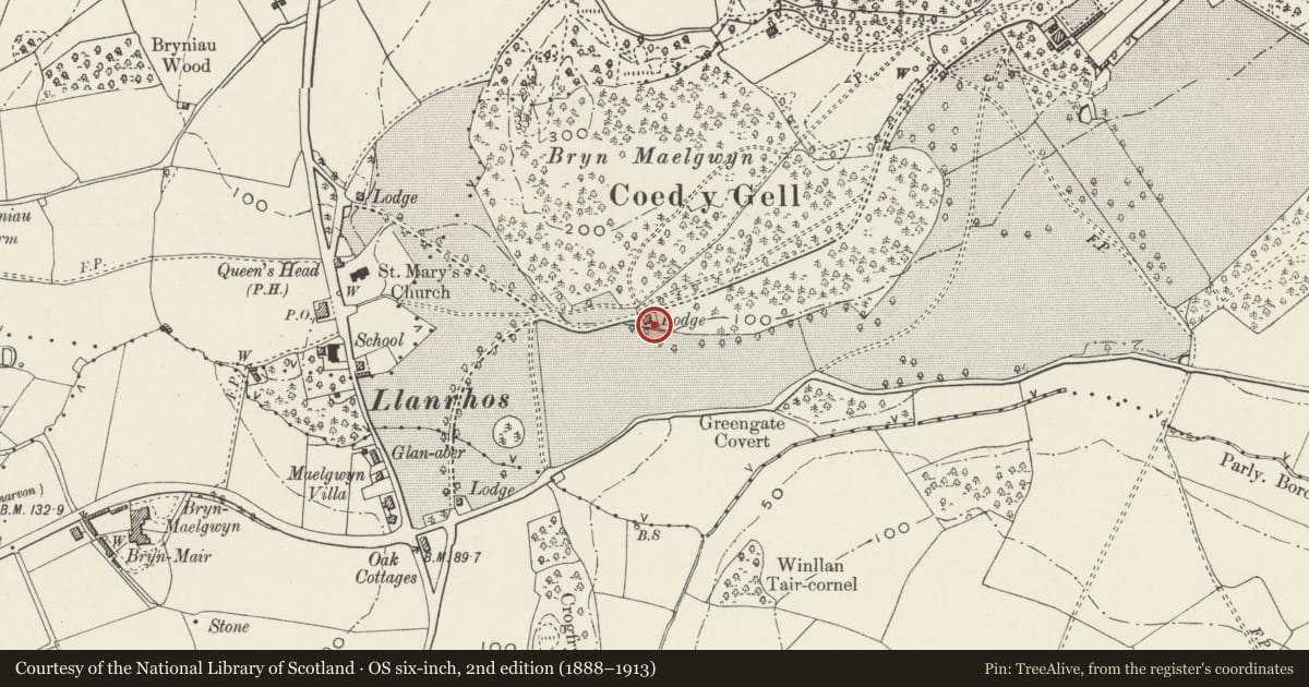 Ordnance Survey six-inch map, 2nd edition (1888–1913) covering the location of Llandudno Lodge at Gloddaeth Hall, including garden wall and railings, Conwy, with a pin at the register's coordinates