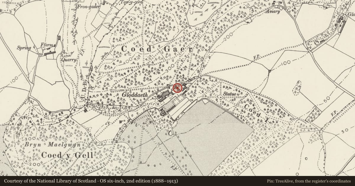 Ordnance Survey six-inch map, 2nd edition (1888–1913) covering the location of Jubilee Wing (Assembly Hall Block) at Gloddaeth Hall, Llandudno, Conwy, with a pin at the register's coordinates
