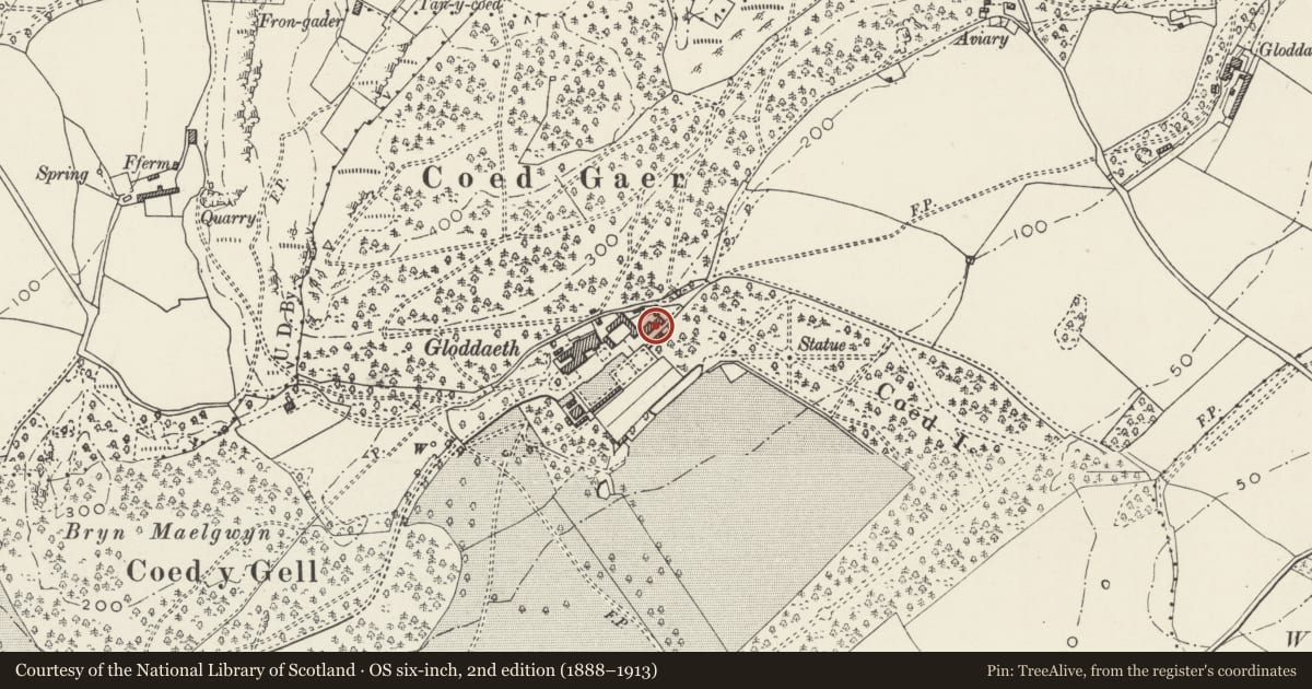 Ordnance Survey six-inch map, 2nd edition (1888–1913) covering the location of Former Stable Block at Gloddaeth Hall, Llandudno, Conwy, with a pin at the register's coordinates