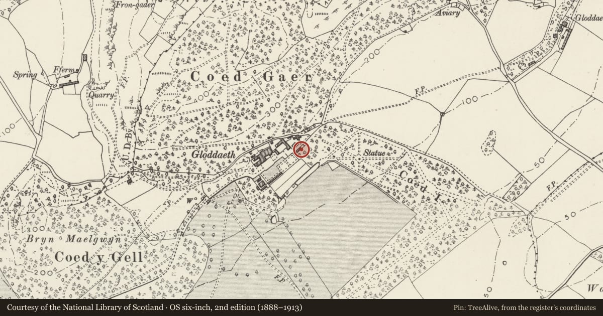 Ordnance Survey six-inch map, 2nd edition (1888–1913) covering the location of Dovecote at Gloddaeth Hall, including attached single-storey blocks, Llandudno, Conwy, with a pin at the register's coordinates