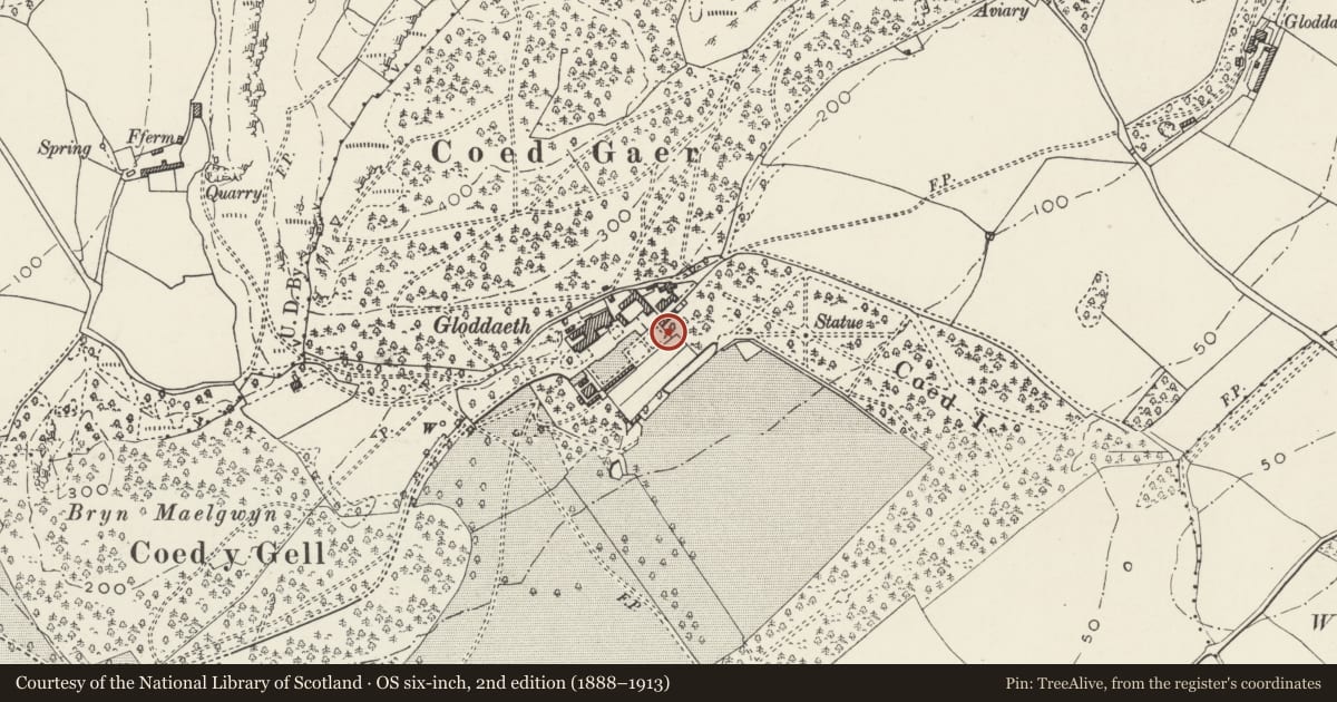 Ordnance Survey six-inch map, 2nd edition (1888–1913) covering the location of Garden wall, including stone doorway at E end of garden in front of Gloddaeth Hall, Llandudno, Conwy, with a pin at the register's coordinates