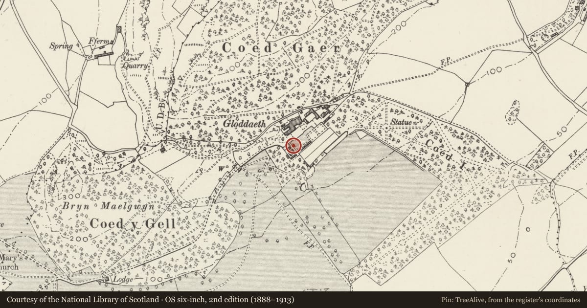 Ordnance Survey six-inch map, 2nd edition (1888–1913) covering the location of Wall on W Side of Garden in front of Gloddaeth Hall, Llandudno, Conwy, with a pin at the register's coordinates