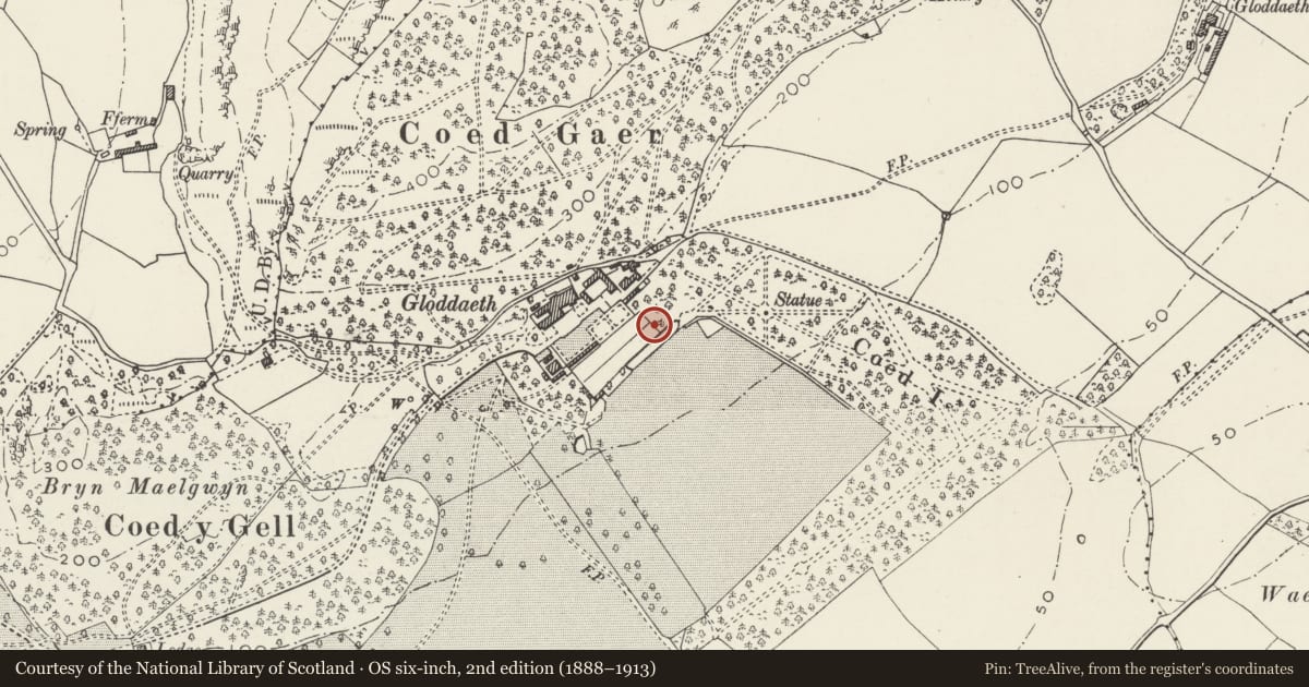 Ordnance Survey six-inch map, 2nd edition (1888–1913) covering the location of Wall on NE side of former Kitchen Garden at Gloddaeth Hall, Llandudno, Conwy, with a pin at the register's coordinates