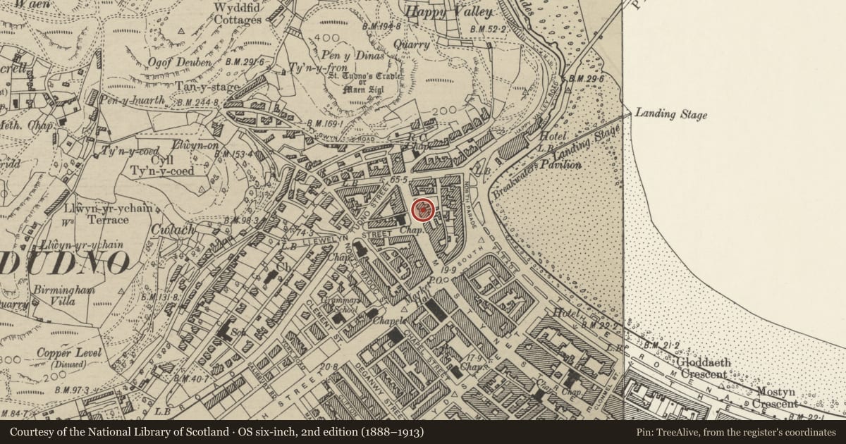Ordnance Survey six-inch map, 2nd edition (1888–1913) covering the location of 147 Mostyn Street, including verandah, Llandudno, Conwy, with a pin at the register's coordinates