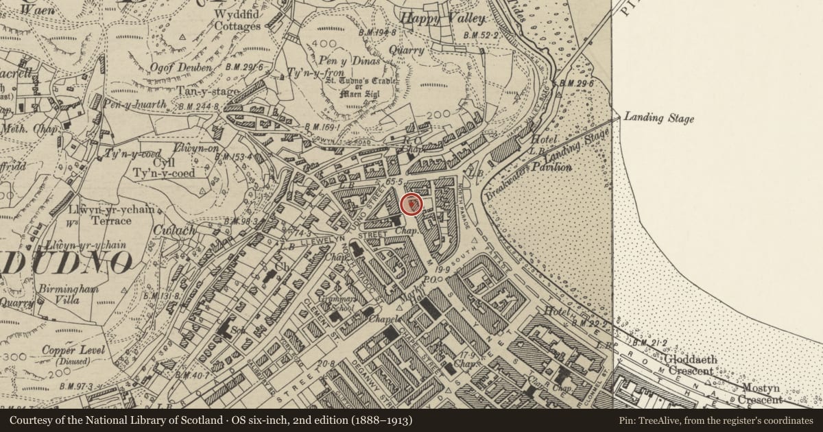 Ordnance Survey six-inch map, 2nd edition (1888–1913) covering the location of Free Standing Shop Sign, Llandudno, Conwy, with a pin at the register's coordinates