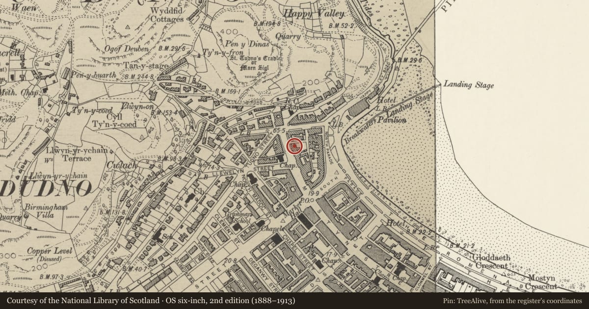 Ordnance Survey six-inch map, 2nd edition (1888–1913) covering the location of 151 Mostyn Street, Llandudno, Conwy, with a pin at the register's coordinates