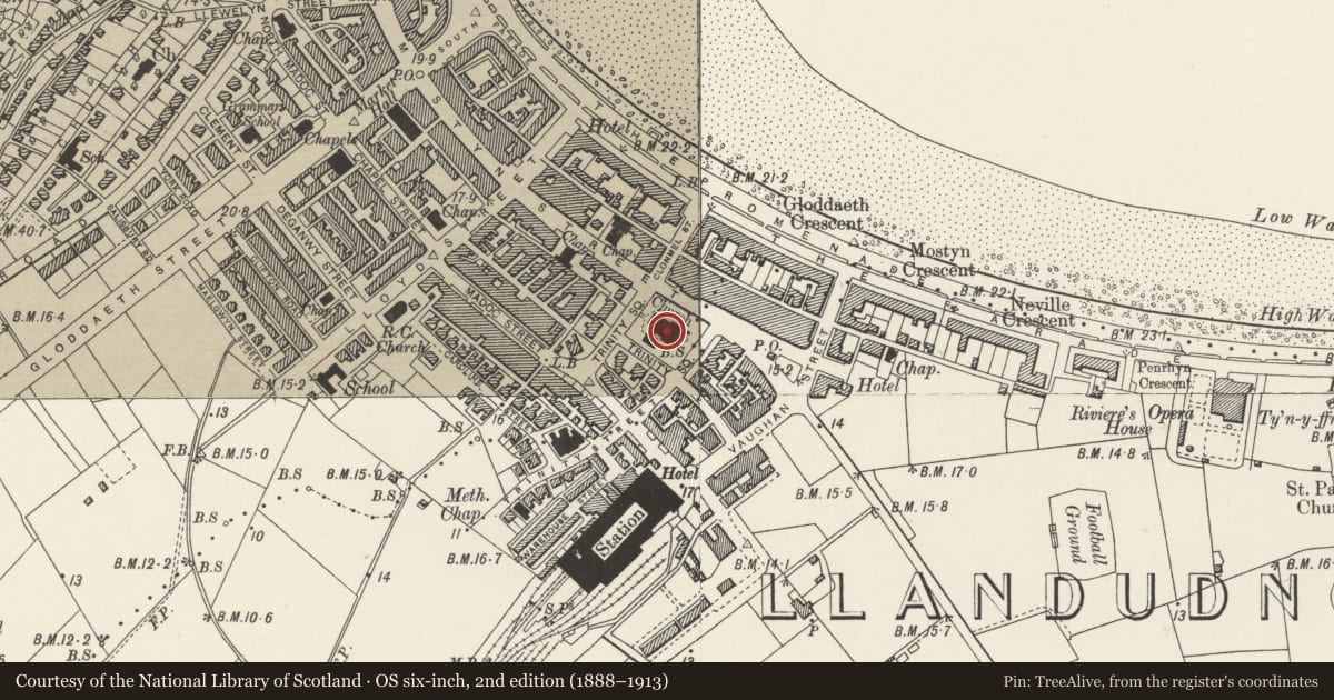 Ordnance Survey six-inch map, 2nd edition (1888–1913) covering the location of Church of The Holy Trinity, including attached hall, Llandudno, Conwy, with a pin at the register's coordinates