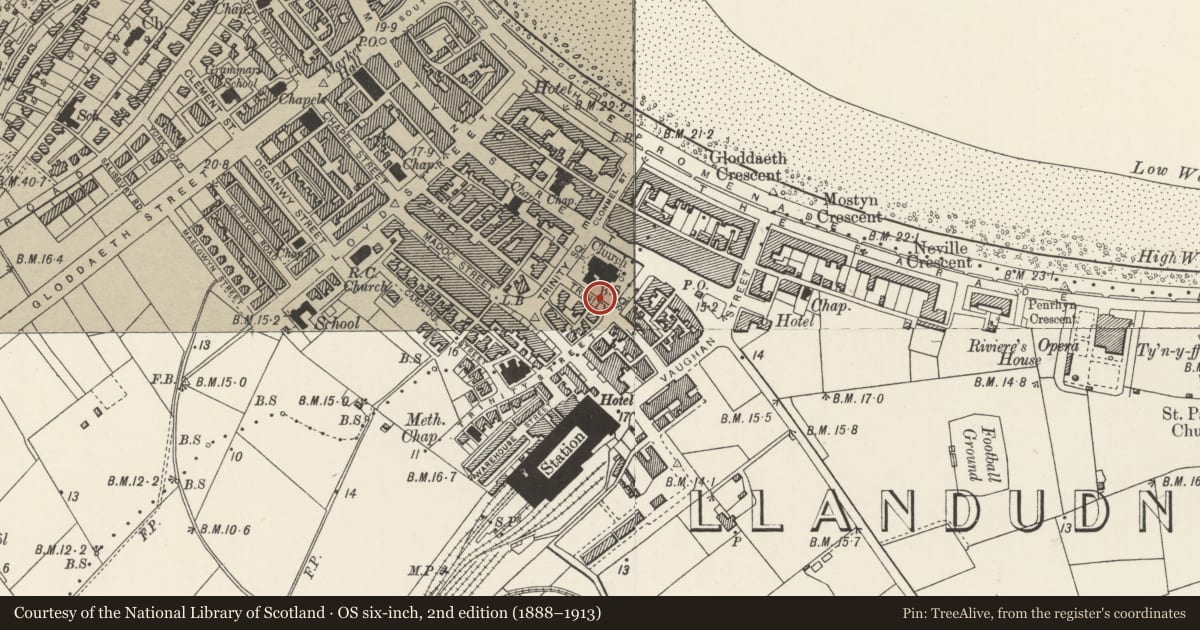 Ordnance Survey six-inch map, 2nd edition (1888–1913) covering the location of Churchyard Walls, Gates and Piers to Church of The Holy Trinity, Llandudno, Conwy, with a pin at the register's coordinates