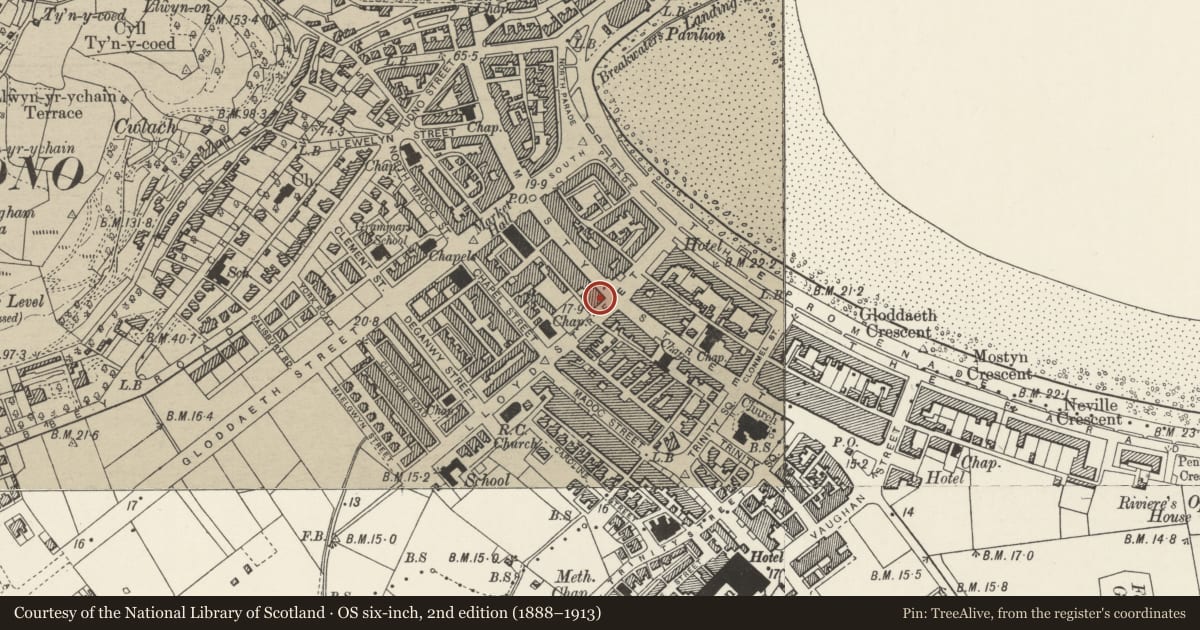 Ordnance Survey six-inch map, 2nd edition (1888–1913) covering the location of National Westminster Bank, Llandudno, Conwy, with a pin at the register's coordinates