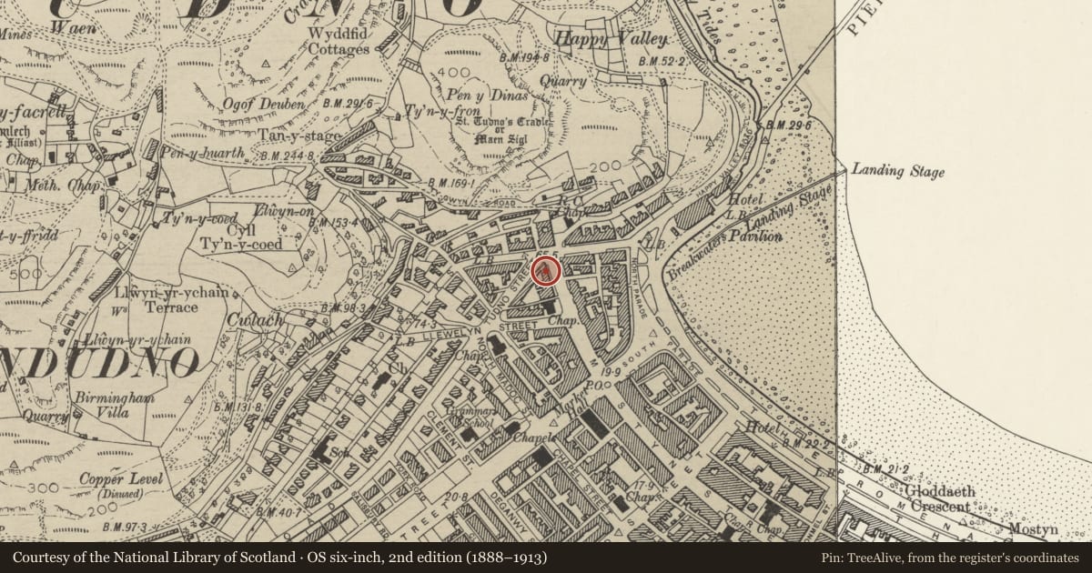 Ordnance Survey six-inch map, 2nd edition (1888–1913) covering the location of 128 Mostyn Street, Llandudno, Conwy, with a pin at the register's coordinates