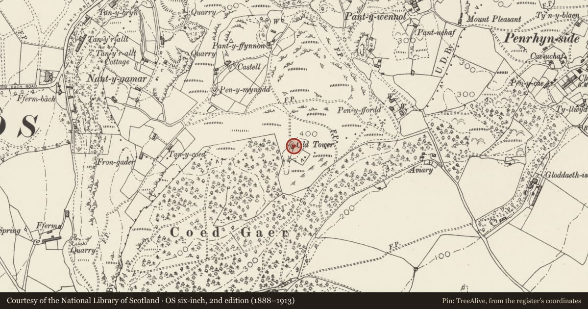 Ordnance Survey six-inch map, 2nd edition (1888–1913) covering the location of Hen Dwr, Llandudno, Conwy, with a pin at the register's coordinates