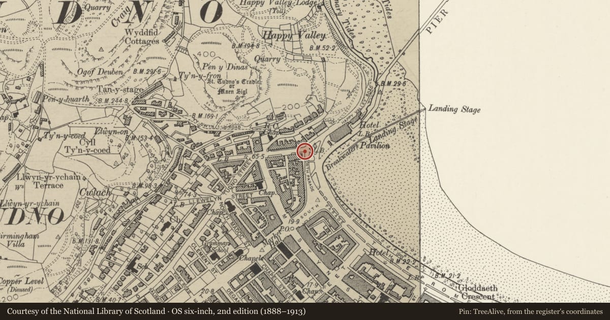 Ordnance Survey six-inch map, 2nd edition (1888–1913) covering the location of Group of 6 Lamp Standards, Llandudno, Conwy, with a pin at the register's coordinates