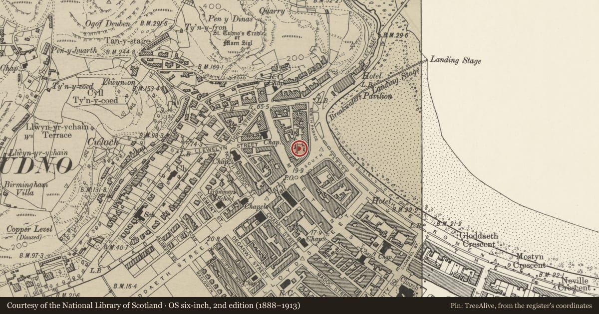 Ordnance Survey six-inch map, 2nd edition (1888–1913) covering the location of Baytree Hotel (part), Llandudno, Conwy, with a pin at the register's coordinates