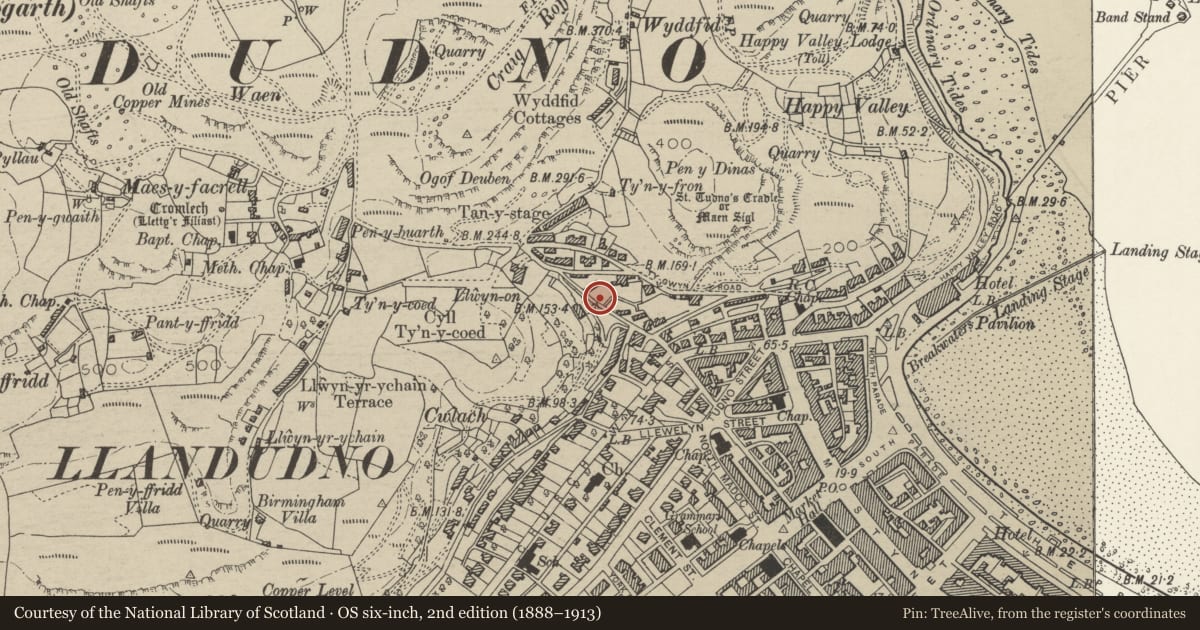 Ordnance Survey six-inch map, 2nd edition (1888–1913) covering the location of Retaining wall to garden of No15, Llandudno, Conwy, with a pin at the register's coordinates