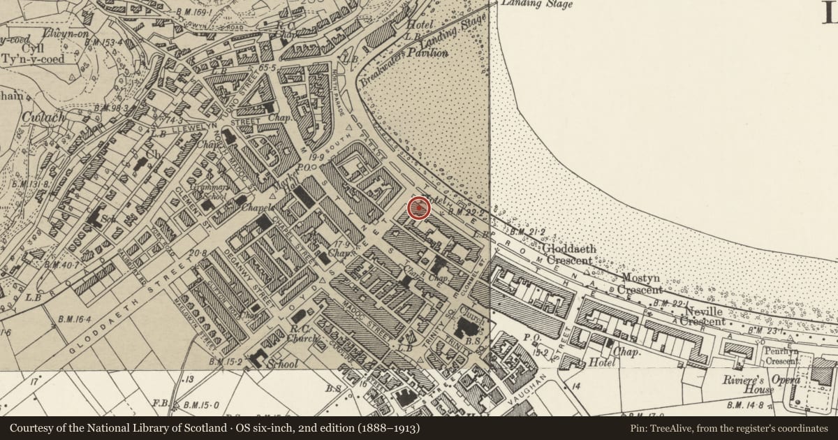 Ordnance Survey six-inch map, 2nd edition (1888–1913) covering the location of St George's Hotel, St George's Crescent, including forecourt walls in St George's Place, Llandudno, Conwy, with a pin at the register's coordinates
